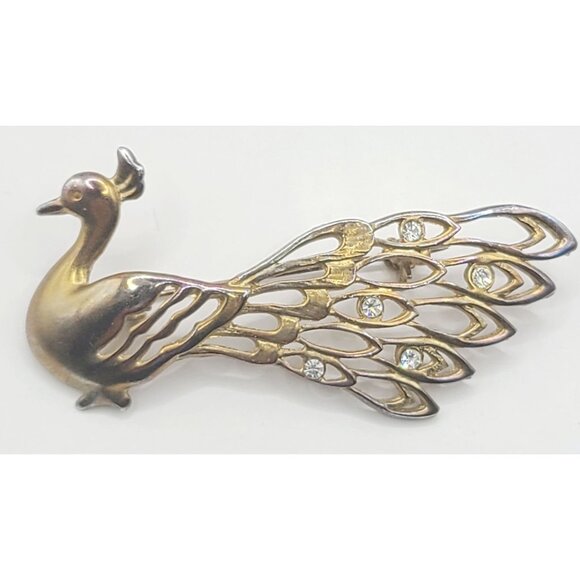 unknown Jewelry - Vintage Peacock Brooch Pin Gold-Tone With Rhinestones MCM